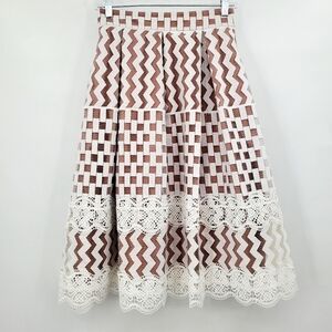 Eliza J White Tan Checkered Zig Zag Floral Lace Midi Skirt
